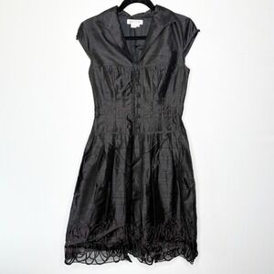 Kay Unger New York Black Silk Cap Sleeve Pin Tuck Cocktail Dress Size 4